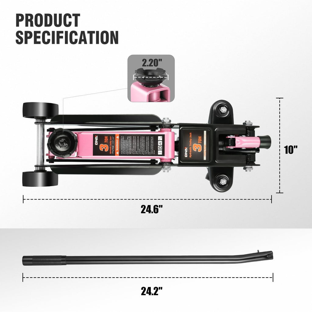 DNA MOTORING 3 Ton Low Profile Floor Jack, 3 tons (6000 lbs) Capacity Fast Lift Hydraulic Trolley Service/Floor Jack, 7.7 "-21" Lifting Range, Pink, TOOLS-00674-PK