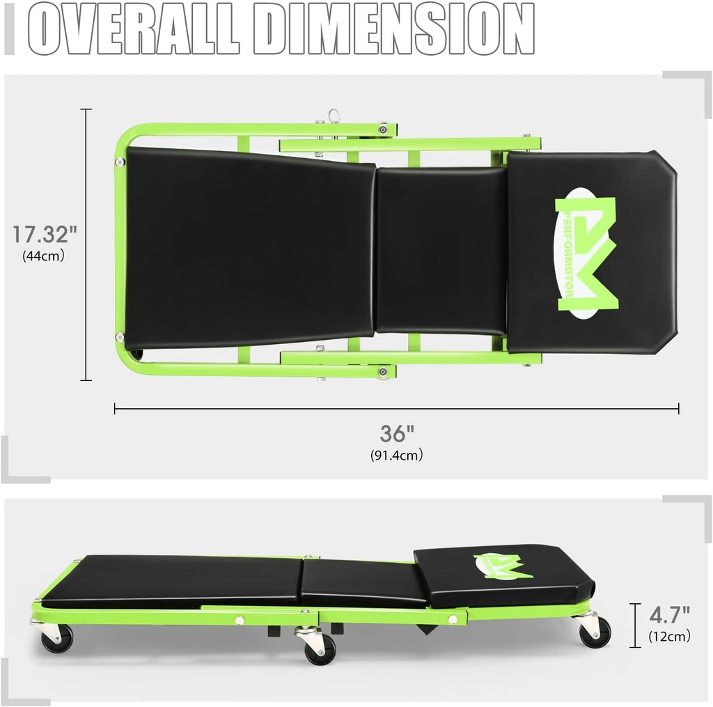 PM PERFORMOTOR 36 Inches Folding 2 in 1 Rolling Z Creeper, Adjustable Roller Garage Chair Lay Down or Sit, 6 Pcs 2" Casters, 150kg Weight Capacity, Green,PM-TOL-CPS36-GR