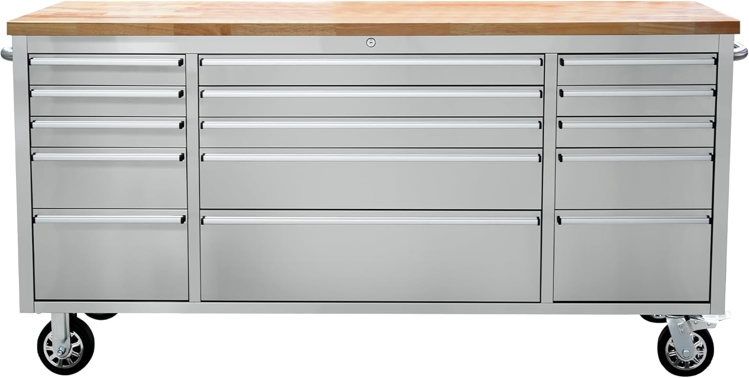 CT Copper Tailor 72-inch Rolling Tool Chest with 15 Drawers and Wheels, Mobile Garage Workbench, Large Tool Box Storage Tool Cabinet with Wood Top for Workshop,Stainless Steel