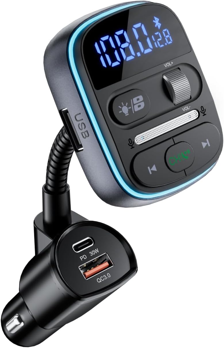 LENCENT Bluetooth FM Transmitter PD 30W, Bluetooth Car Adapter with QC3.0 Fast Charger, Hi-Fi Bass Music, Wireless Radio Receiver Hands-Free Calling, [Color Light]