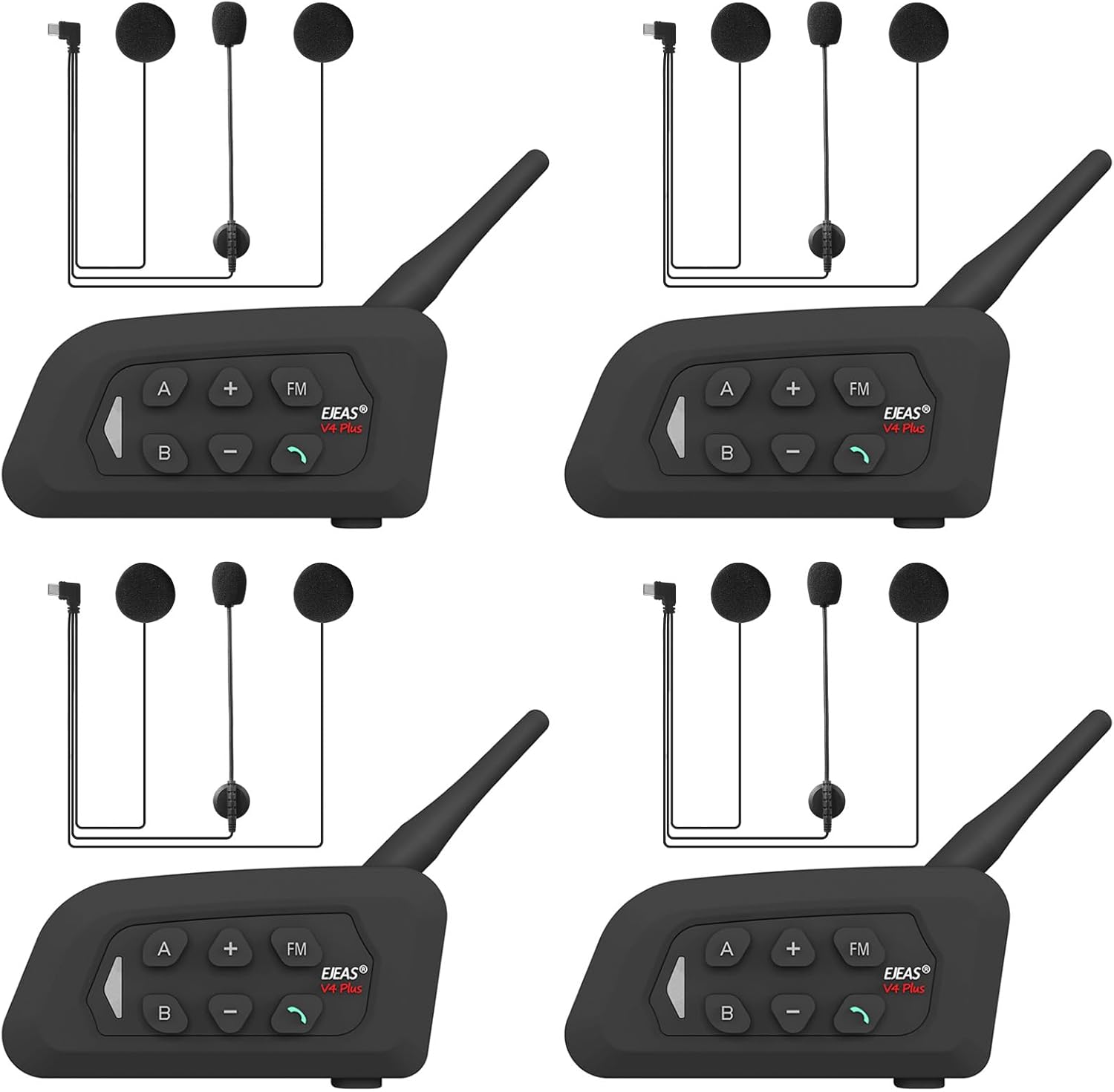 V4 Plus Motorcycle Bluetooth Helmet Intercom Headset, 4 Rides Group Communication System for Motorcycling Soccer Referees Skiing ATV/Off Road (4 Pack)