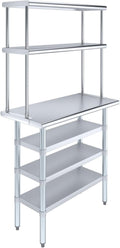 Amgood 18" x 36" Stainless Steel Work Table with 3 Shelves and 12" Wide Double Tier Overshelf | Metal Kitchen Prep Table & Shelving Combo | NSF