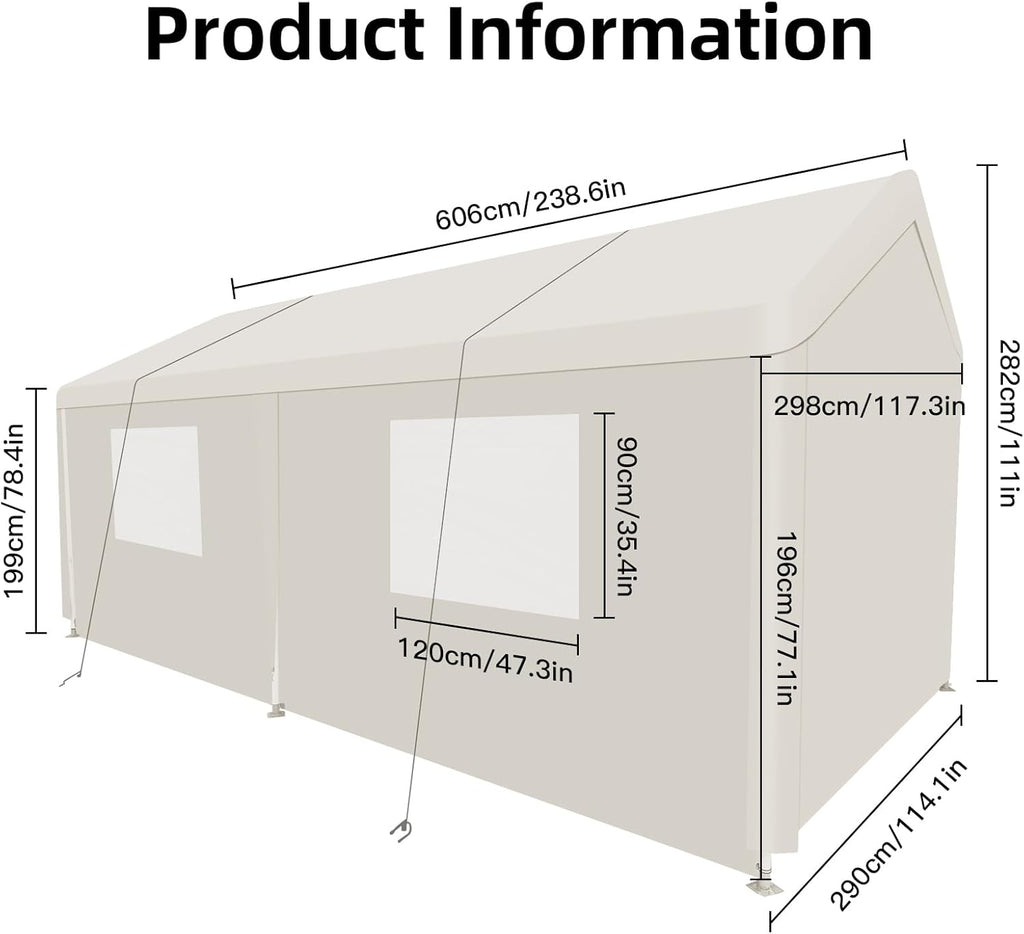 Car Canopy Portable Garage Duty Carport with Roll-up Windows,Portable Garage with Removable Sidewalls & Doors, Car Canopy with All-Season Tarp for Car Boat Truck Motorcycle 10FT×20FT (White)