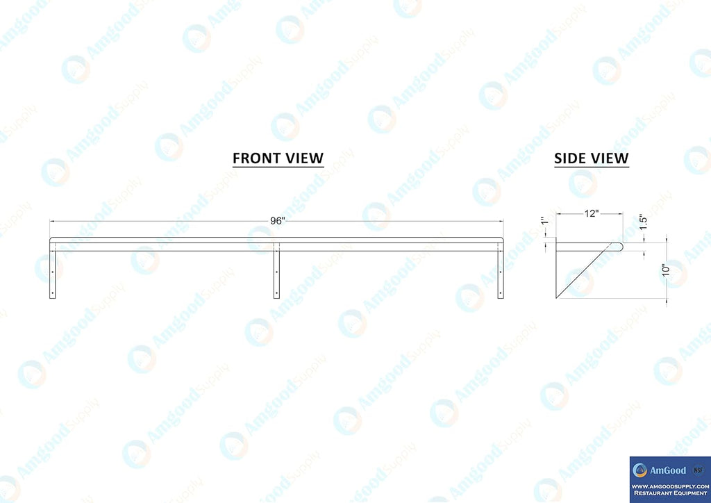 AmGood 96" Long X 12" Deep Stainless Steel Wall Shelf | NSF Certified | Appliance & Equipment Metal Shelving | Kitchen, Restaurant, Garage, Laundry, Utility Room