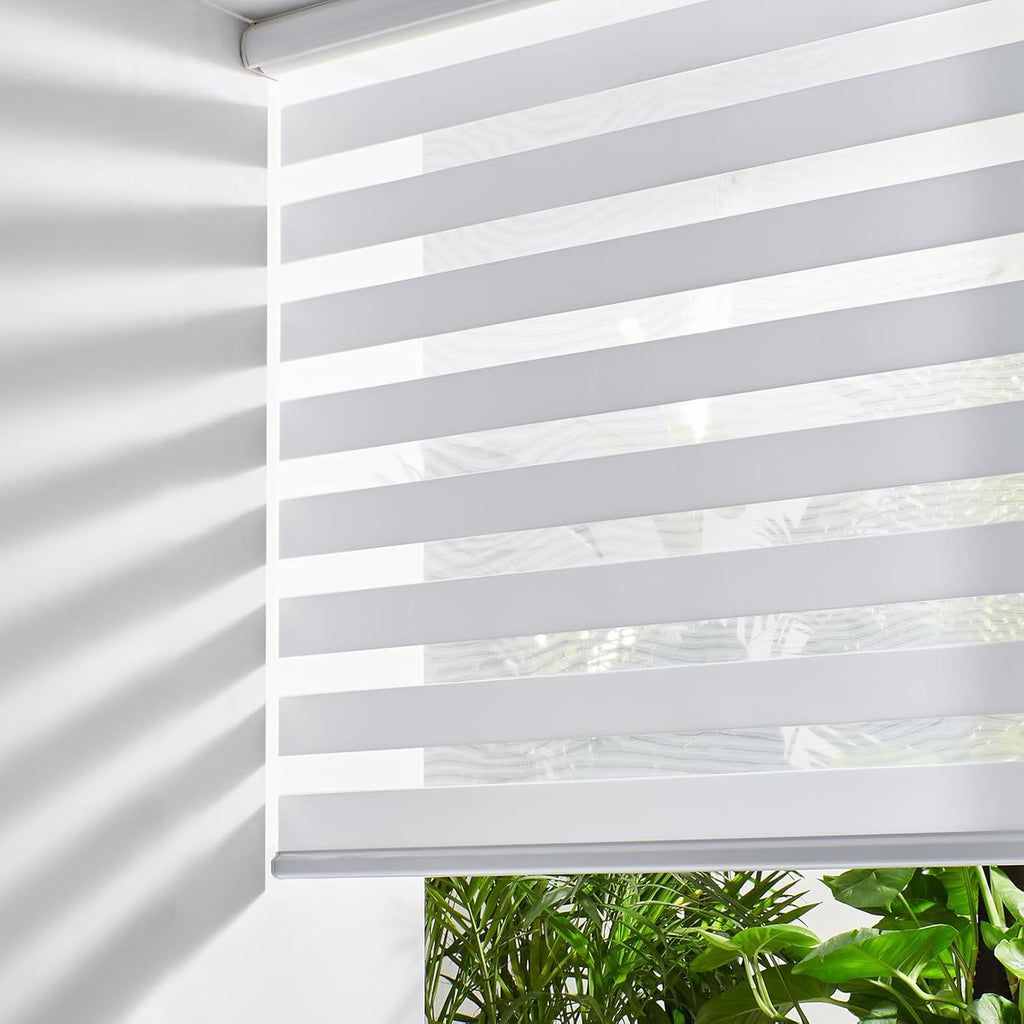 Persilux Cordless Zebra Blinds for Indoor Windows, Free-Stop Light Filtering Sheer Shades, Dual Layer for Day and Night, Roller Shades for Home (35.25" W X 64" H, White)