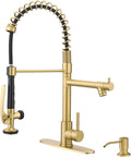 Fapully Commercial Kitchen Sink Faucet with Pull Down Sprayer Brushed Gold Single Handle Faucets for Kitchen Sink, Kitchen Faucet with Soap Dispenser and Deck Plack for 4 Hole