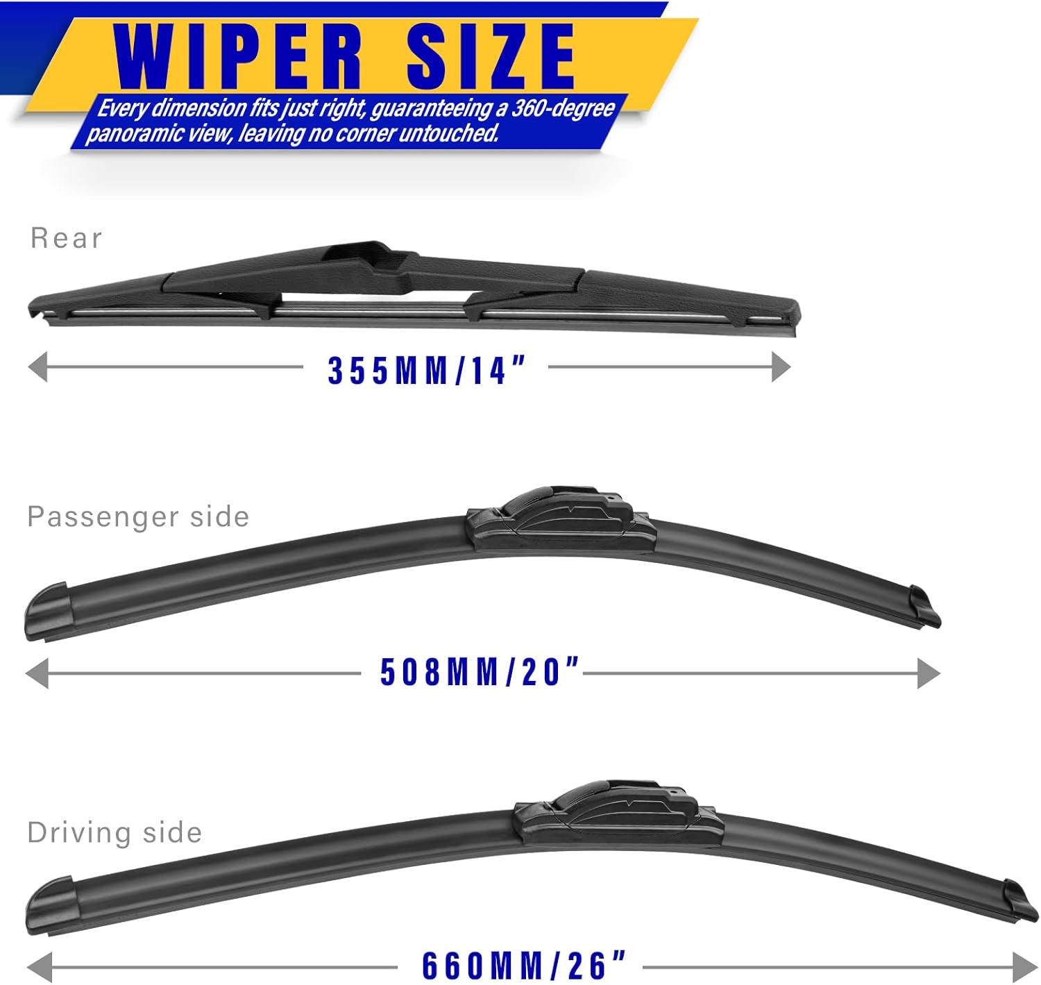 3 wipers Replacement for 2017-2021 2022 2023 2024 Chrysler Pacifica, Windshield Wiper Blades Original Equipment Replacement - 26"/20"/14" (Set of 3) U/J HOOK