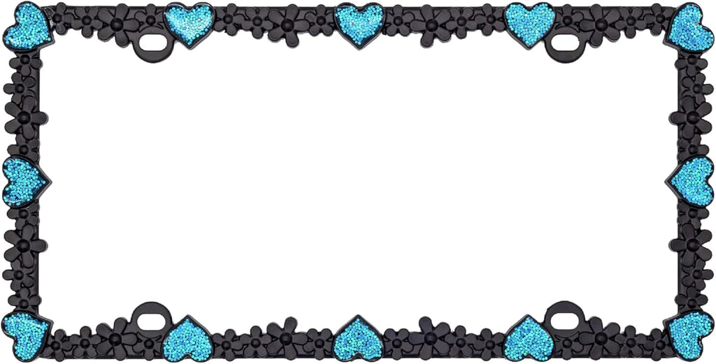 Creathome 3D Shining Daisy Heart License Plate Frame from Pure Zinc Alloy Metal Perfect Plate Holder, Matt Black with Blue Glitter, Luminously Heart