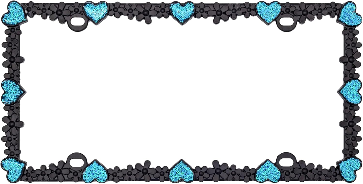Creathome 3D Shining Daisy Heart License Plate Frame from Pure Zinc Alloy Metal Perfect Plate Holder, Matt Black with Blue Glitter, Luminously Heart