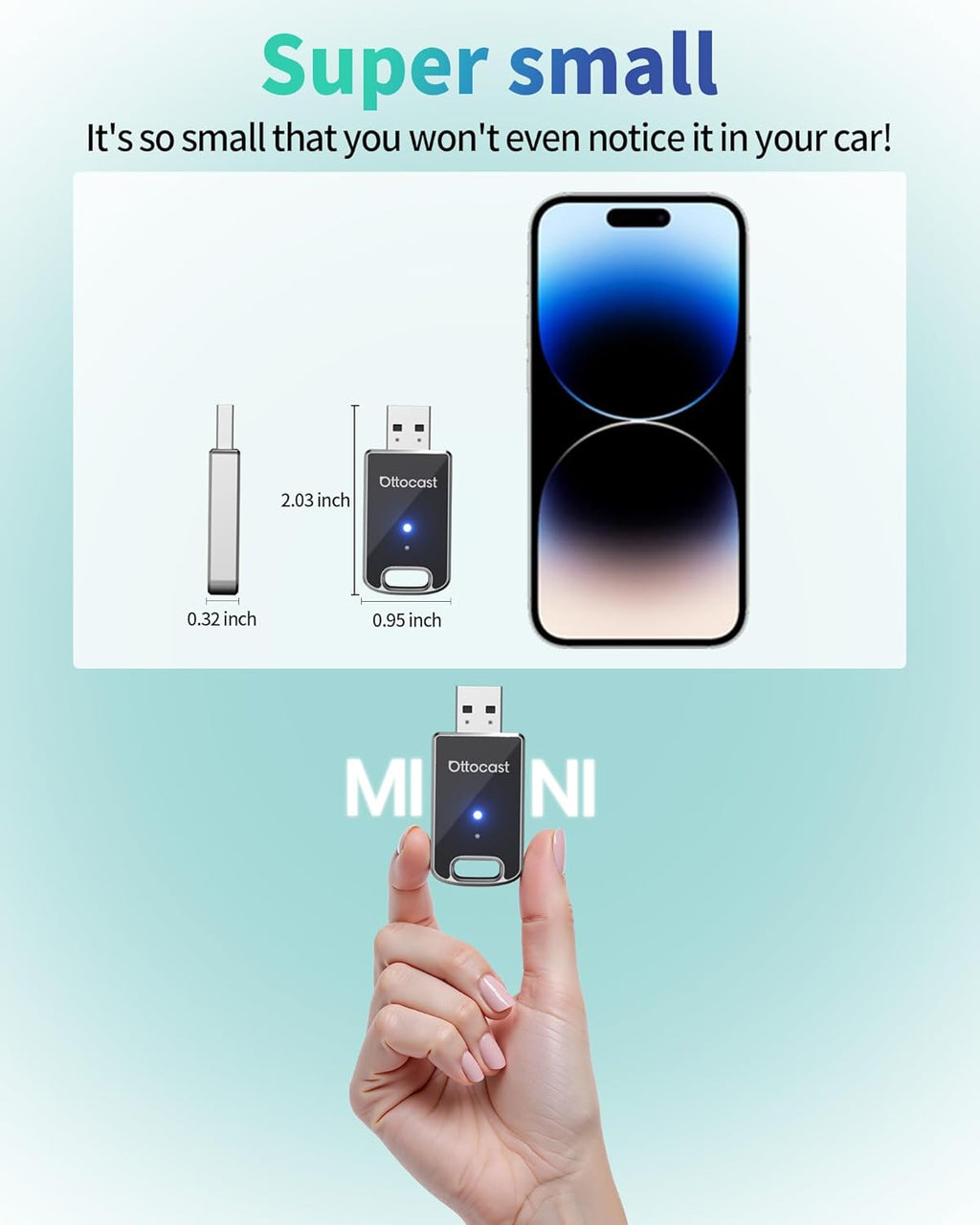 OTTOCAST Mini 2 in 1 Wireless Carplay Adapter & Wireless Android Auto Adapter for Apple iPhone Samsung or Other AndroidPhone, USB Bluetooth Car Accessories for OEM Wired Carplay/Android Auto Cars