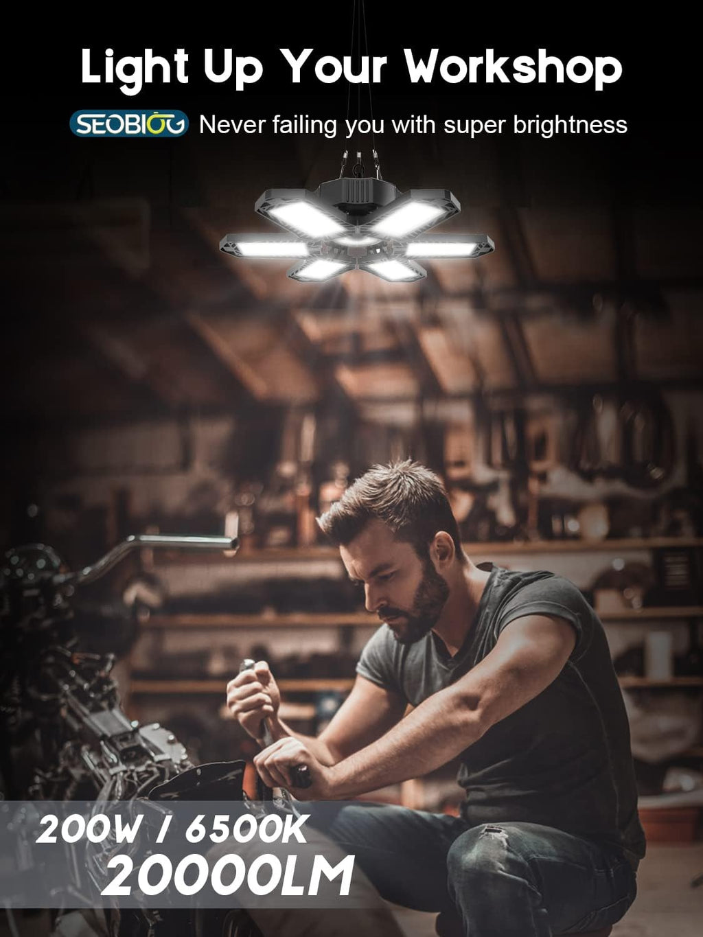 SEOBIOG LED Garage Lights 4 Pack, 200W 20000LM Plug in Linkable LED Shop Light, 6500K Ceiling Light Fixtures with 6+1 Deformable Panels for Garage, Work Bench (Built-in ON/Off Switch)