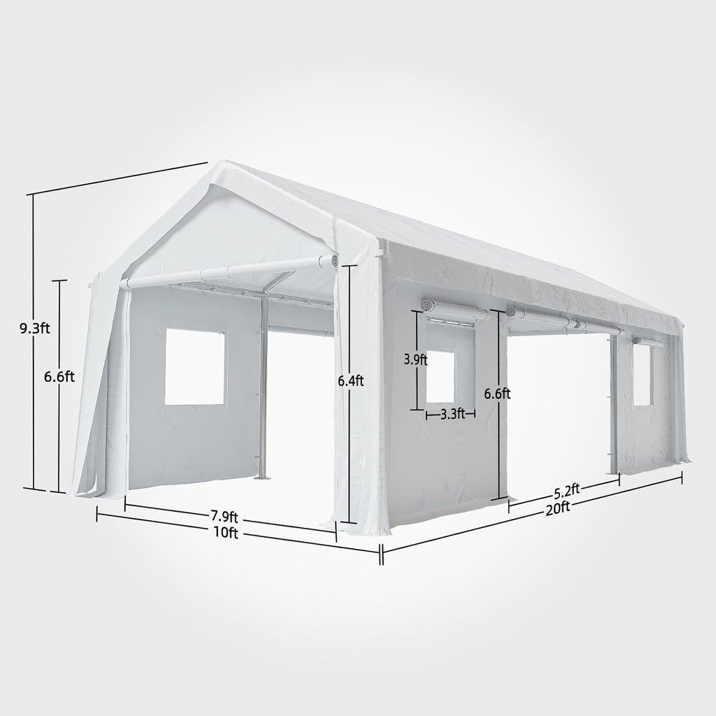 10x20ft Heavy Duty Carport Outdoor Canopy Portable Garage with 4 Doors & 4 Windows Waterproof UV Resistant Storage Shelter with Removable Sidewalls for Car Truck Boat, White