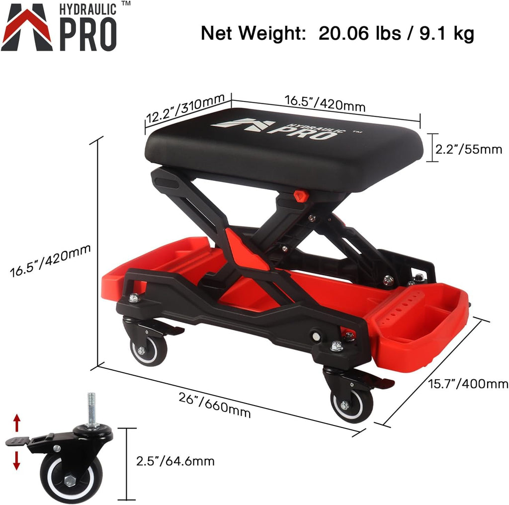 Automotive Creeper Seat with Rolling Wheels, 300 LBS Capacity Mechanic Stool, Heavy Duty Garage Stool with Soft Padded Cushion and Tool Trays, Foldable Design for Easy Storage