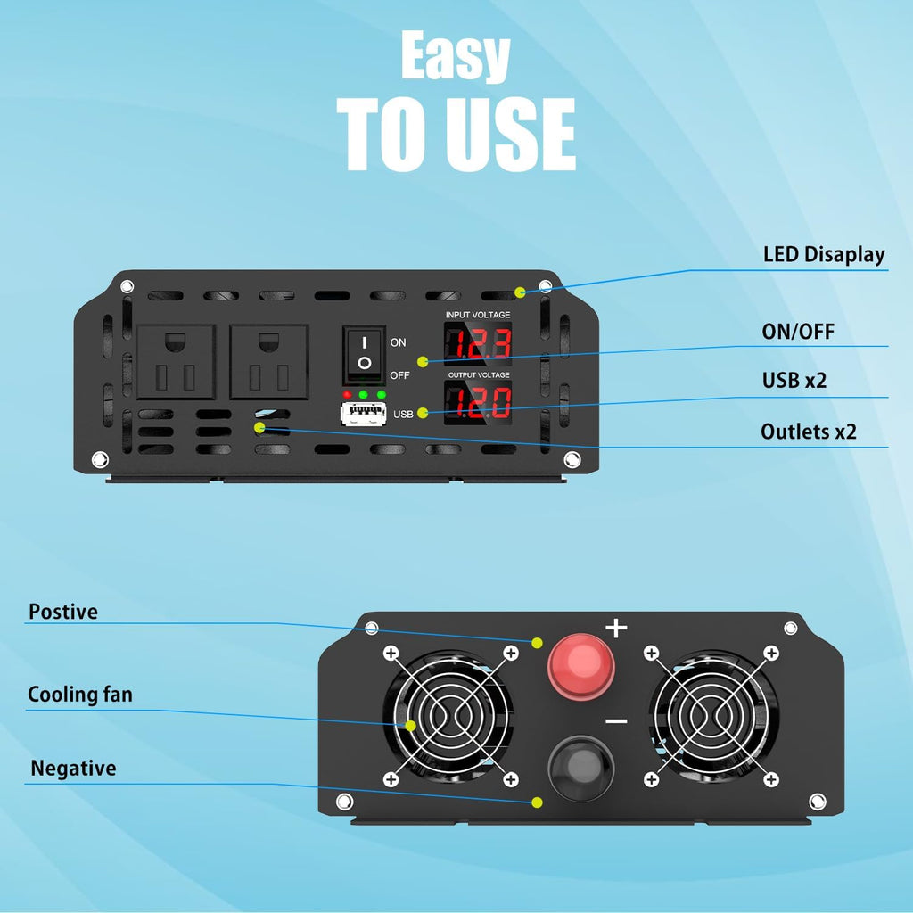 2000 Watt Power Inverter Modified Sine Wave, DC 12V to AC 110V 120V Converter with Dual Sockets, USB Port, LED Display for RV Truck Boat Solar Car Emergency Off Grid