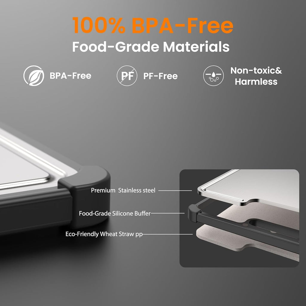 Premium 316 Stainless Steel Cutting Board for Kitchen Extra Large 16.9" x 11.8" Best Non-Toxic Chopping Board for Meat Food-Grade Metal & Eco-Friendly Wheat Straw Dual-Sided Healthy Kitchen Essential