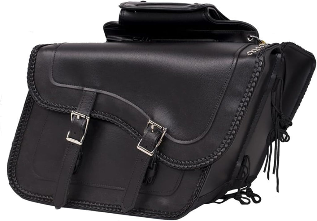 GARGOYLE BELLS Motorcycle Saddle Bags Synthetic Leather Motorcycle Luggage Bag Waterproof Throw Over Saddlebags For Softails Sportsters Choppers Dyna V-star Shadow (No Stud, Black, 16"x13"x11.5")