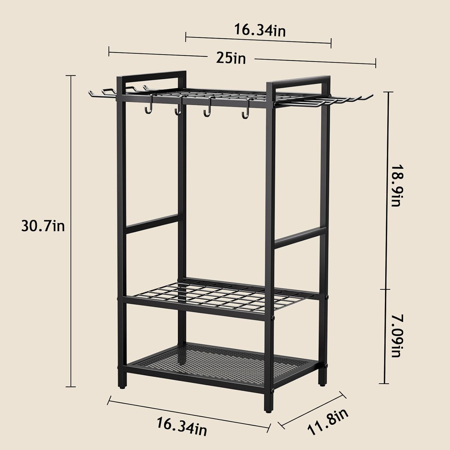 Garden Garage Tool Organizer Yard Tool Organizer for Garage with 4 Hooks, Heavy duty Steel Garden Tool Rack Holds up to 48 Long Handled Yard tools for Storage