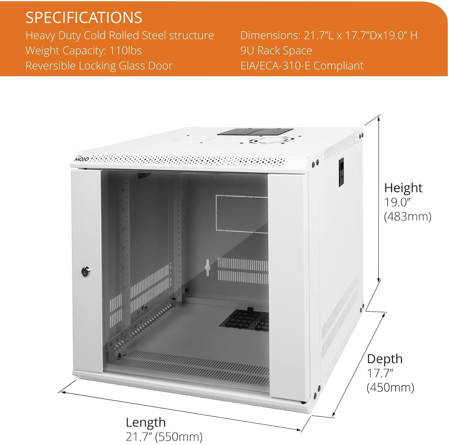 Tecmojo 9U Wall Mount Rack Network Cabinet for 19" IT Equipment,with Lockable Glass Door and Side Panels,Cooling Fan,17.7inch Depth,White,Computer/Electronics Equipment Data Rack