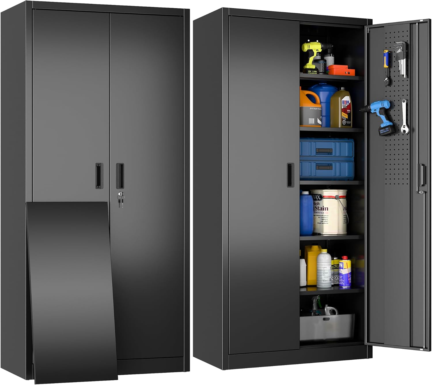 Metal Storage Cabinet with Pegboard 71'' x 34'' x 18'',Lockable Steel Storage Cabinet with 5 Adjustable Shelves and Door for Garage, Office, Kitchen, Assembly Required(Black)
