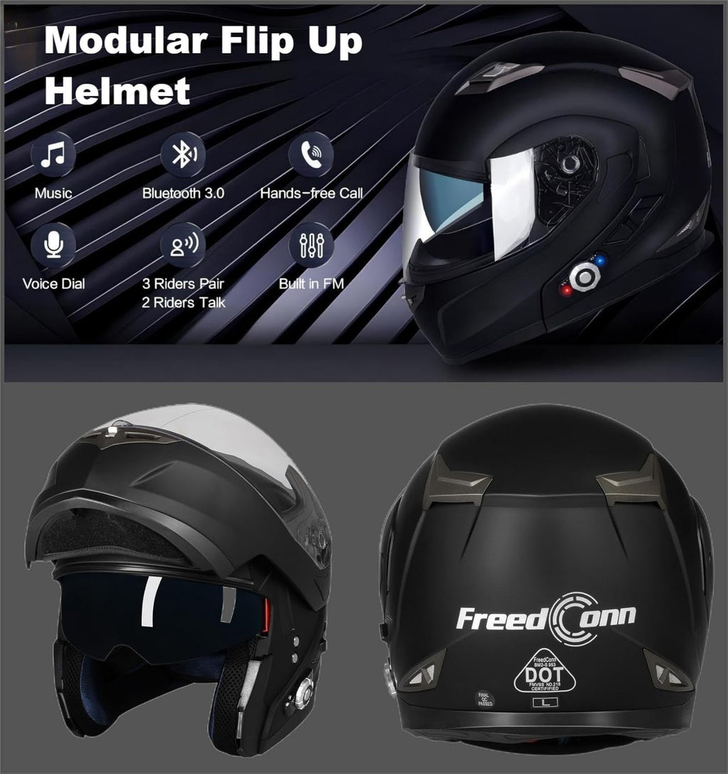 FreedConn BM2-S Bluetooth Motorcycle Helmet, Flip-Up Modular Motorbike Helmet, 500M Connectivity for 2-3 Riders, Voice Dial, Hands-Free Call, MP3, FM, DOT Certified (Large, Matte Black)
