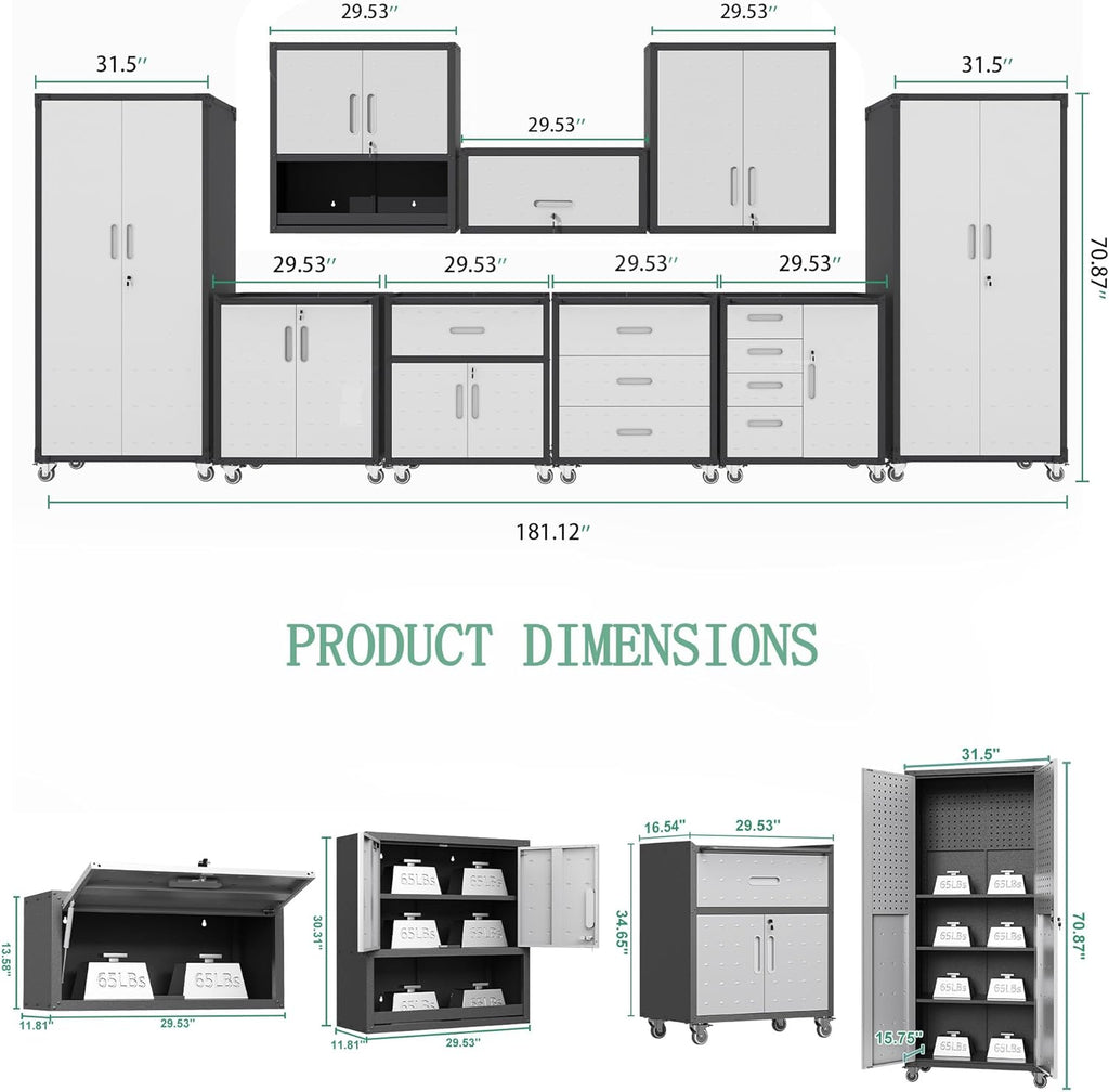 Metal Tool Cabinet,Garage Storage Cabinet System,Wall Cabinet & Locking Rolling Tool Cabinet with Doors and Adjustable Shelves,Steel Tool Cabinets for Home,Office (9 Pcs-StyleA, Black & Grey)