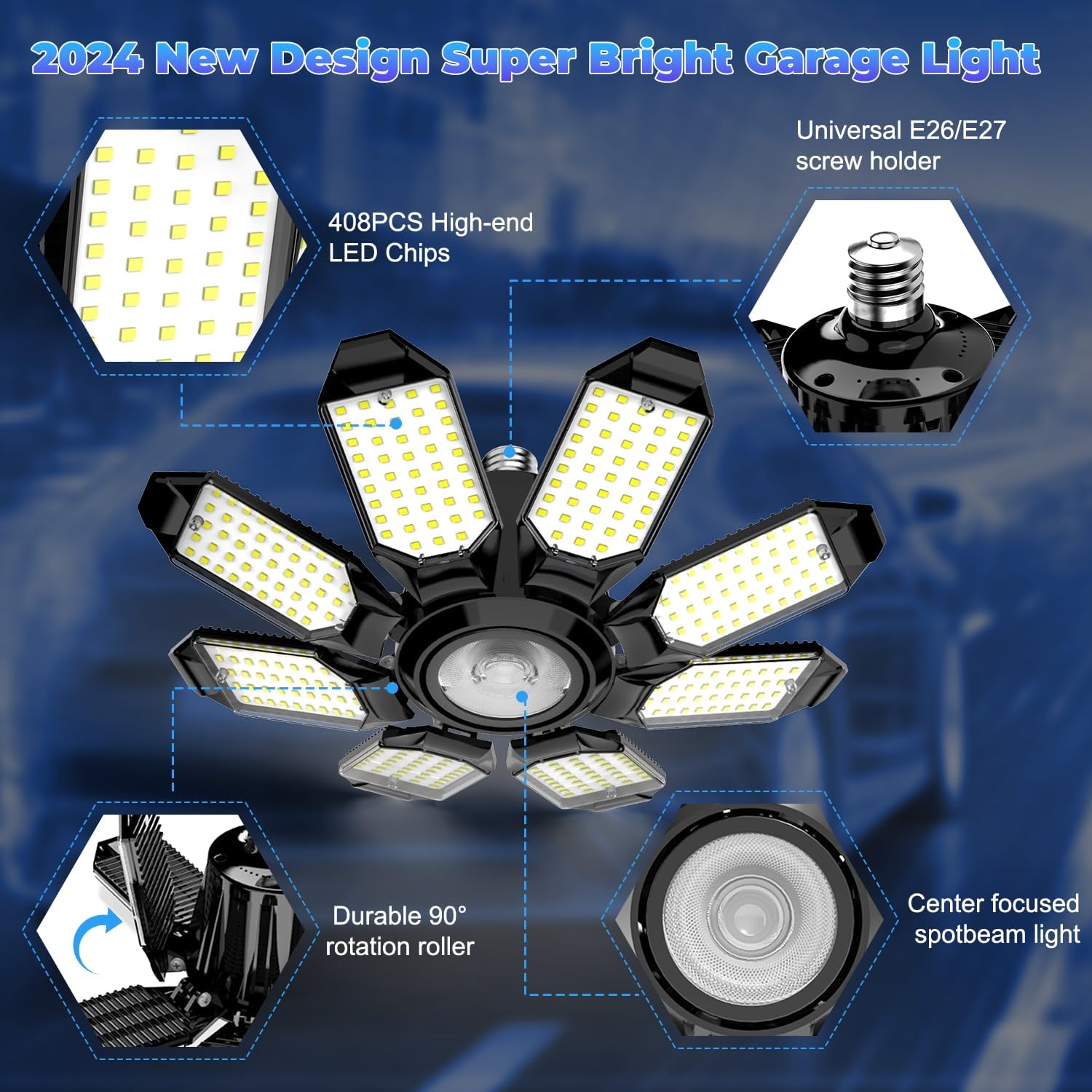 LED Garage Light - 2Pack Bright 50000LM Garage Lights Ceiling Led w/ 8 Deformable Panels 6500K Led Light Bulb Srew in E26/E27 Socket with Adjustable Center Spotlight for Barn Workshop Attic