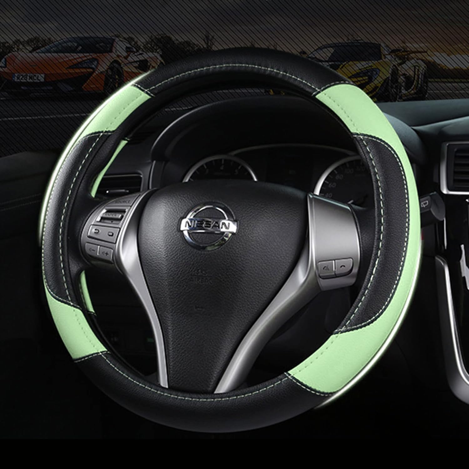 Leather Car Steering Wheel Cover, Non-Slip Car Wheel Cover Protector Breathable Microfiber Leather Universal Fit for Most Cars (Green)