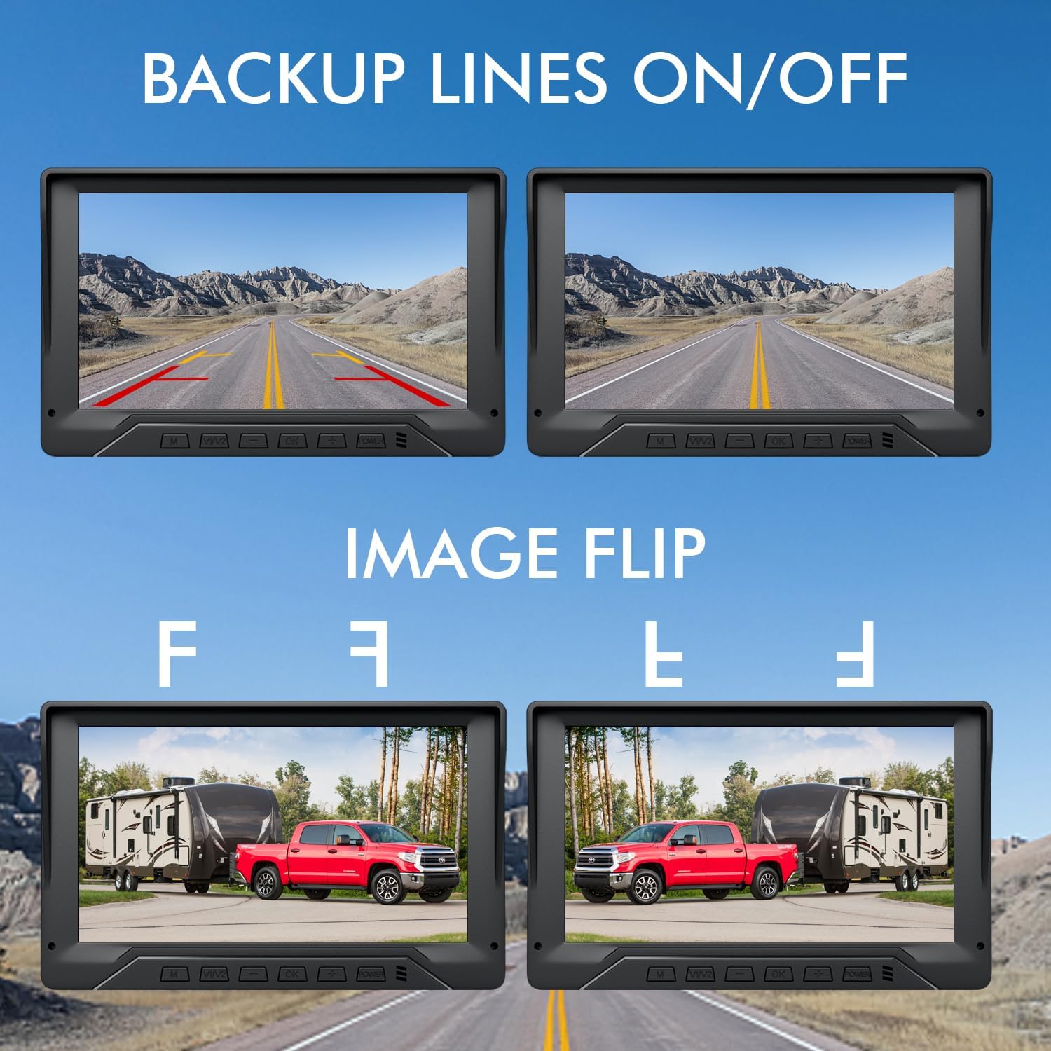 Dual RV Backup Camera Plug and Play, 7'' Backup Camera for Truck Trailer, No Delay, 1080P HD, 2 Channels, 150° Wide Angle, DIY Guide Lines, Night Vision, IP69 Rear View Camera