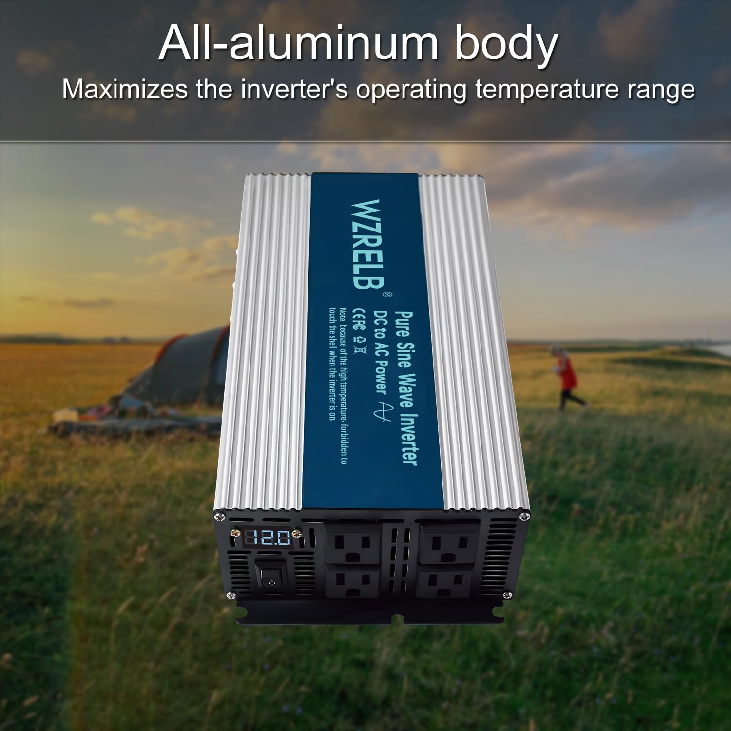 WZRELB 1800W Pure Sine Wave Inverter 12V DC to 110V 120V AC,Car Power Inverter with 4 AC Outlets, LED Display,Off-Grid Portable Power Converter for Home, RV, Truck, Camping