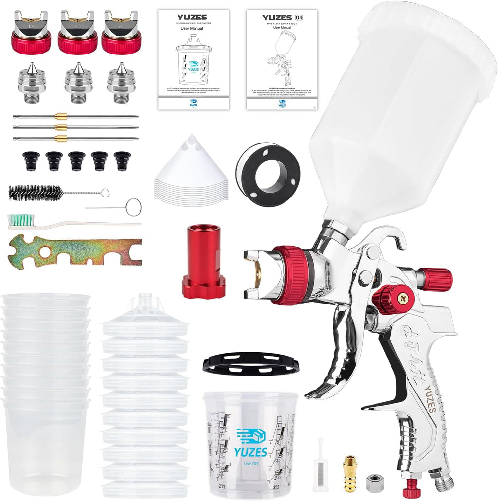 YUZES HVLP Spray Gun with 1.4/1.7/2.0mm Nozzles Set, Easy to Use Paint Guns Automotive with 10 Disposable Paint Cups, Paint Spray Gun for Painting Cars, Furniture, Primer and Top Coat