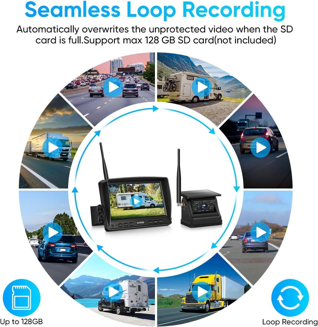 Solar Wireless Magnetic Backup Camera, 9900mAh Battery Powered Rechargeable IP69 Waterproof HD Back Up Rear View Remote Control Camera with 7 Inch 1080P Monitor System for Car Truck Trailer RV VN003