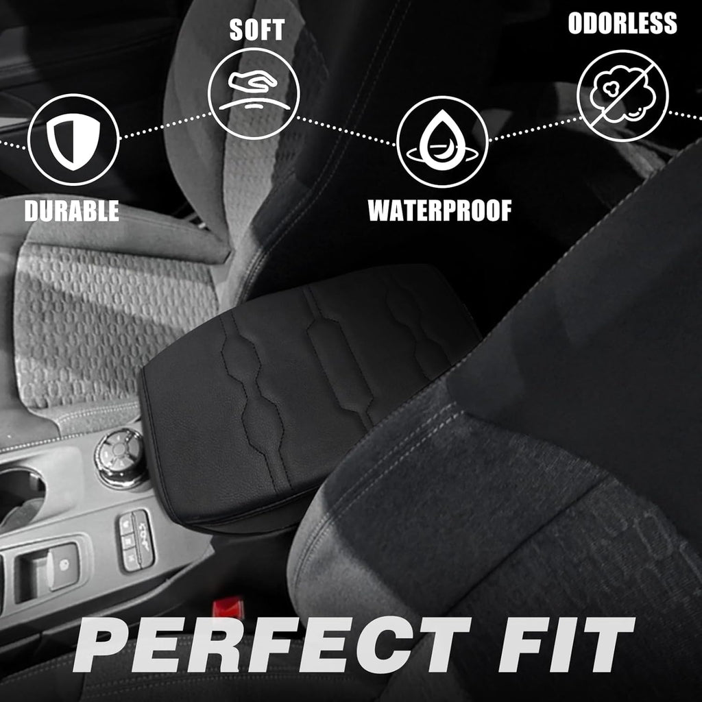 Muslogy Center Console Armrest Cover Compatible with Ford Ranger 2024 2025 Accessories Comfort Armrest Pad Cushion Box Lid Cover Vegan Leather Protector Regular Thick(Black/Black Stitching)