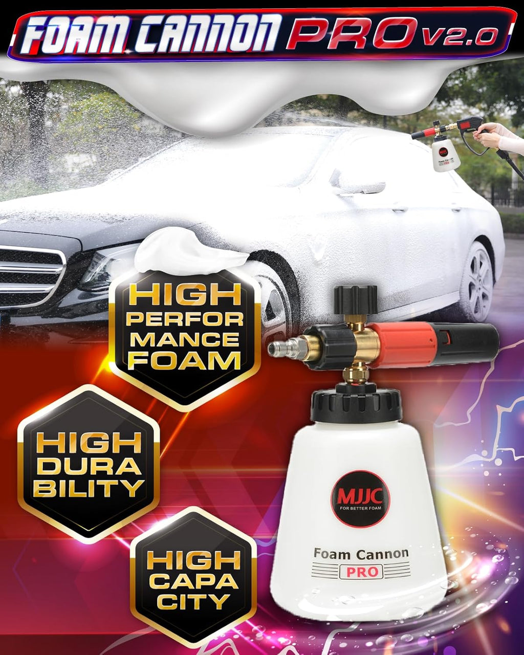 MJJC Foam Cannon Pro V2.0 (Thicker Snow Foam Technology) with 1/4 Inch Quick Connector for Pressure Washer, 40 oz Bottle (Pro V2.0 (1/4" Quick Connector) + SOAP Sample)