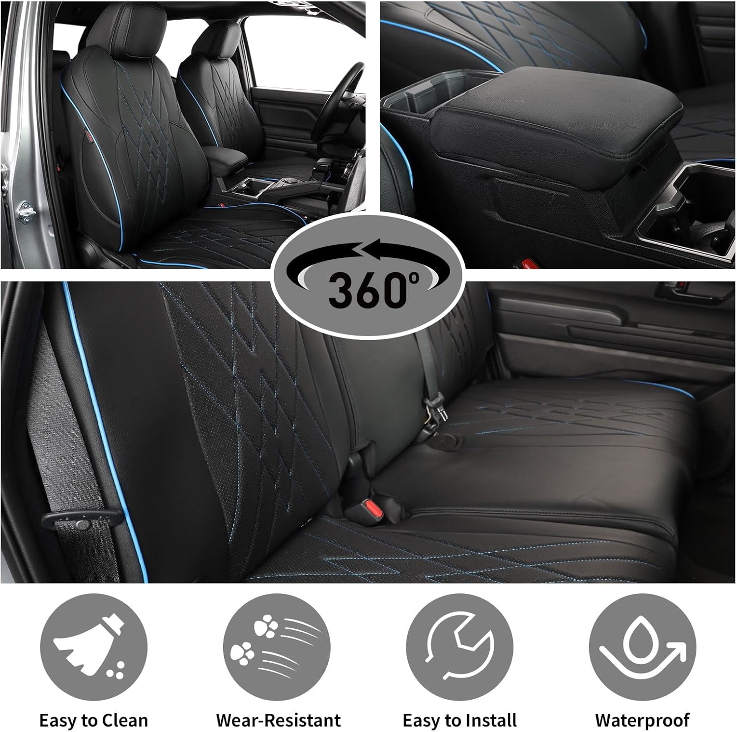 EKR Custom Fit Tacoma Car Seat Covers for Select Toyota Tacoma (Petrol) 2024 2025 Double cab SR,SR5,TRD Sport,TRD Off-Road,Limited -Full Set,Leather (Black with Blue Trim)