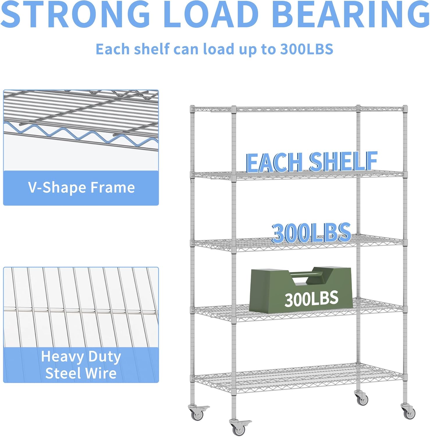 5 Tier Metal Shelving Unit with Wheels, 72" H x 48”W x 24”D Industrial Storage Shelves 1500 LBS Load Capacity, Steel Wire Storage Shelving for Garage, Kitchen, Pantry, Living Room