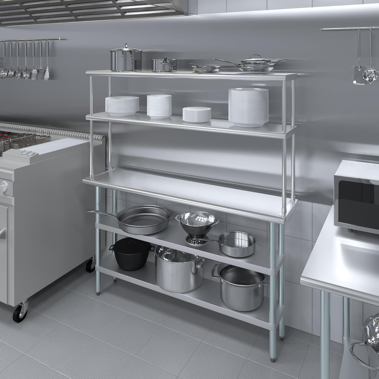 Amgood Stainless Steel Work Table with 2 Shelves | Metal Kitchen Prep Table & Shelving Combo (14" x 60" Table with 2 Shelves + 12" Overshelf)