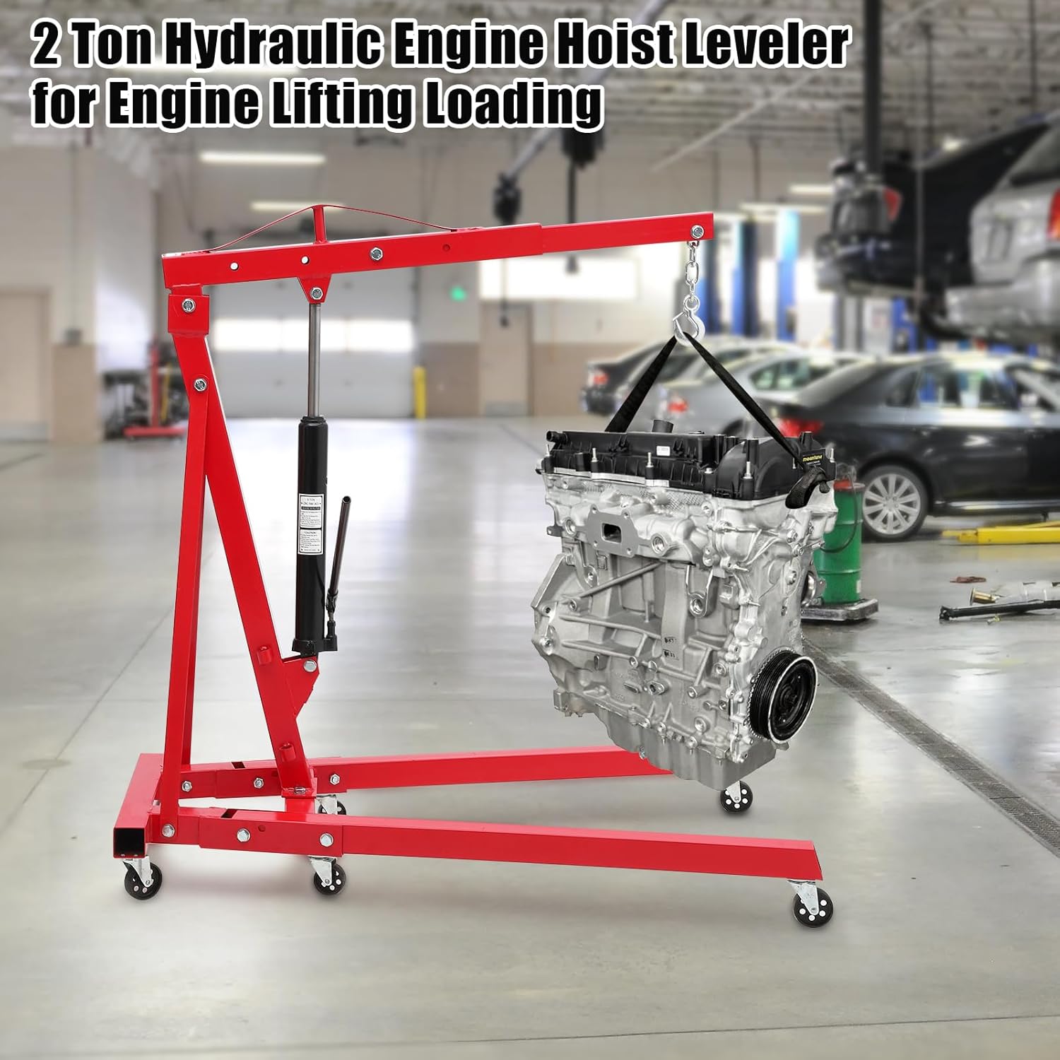 2 Ton Hydraulic Engine Hoist, 4400LBS Folding Cherry Picker Engine Hoist Lift, Heavy Duty Hydraulic Shop Crane with 6 Casters & Telescopic Boom for Lifting Motor, Garage, Workshop and Factory