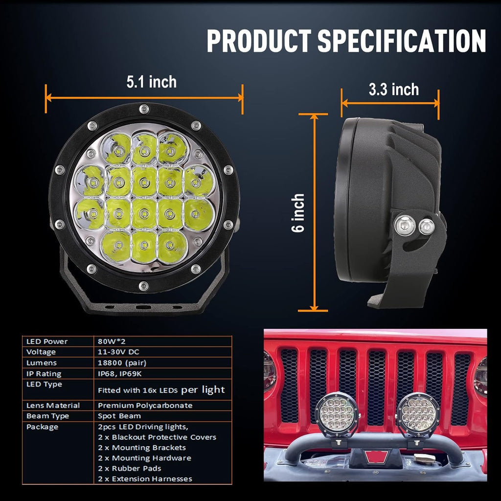BIGLION.X Pair 160w 5 Inch Round Led Offroad Driving Lights Fog Lights 18800LM Offroad Spot Light Driving Light Pods Light Bar with Wiring Harness 12V 24V for Car Trucks SUV UTV ATV