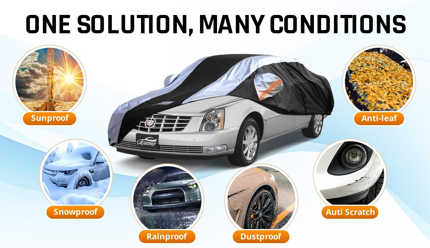 Car Cover Waterproof All Weather with Silver Strip Design, Custom Fit for DTS(2006–2011), XTS(2013-2019), CT6(2016-2020), DTS Accessory with Door Zipper & Windproof Straps