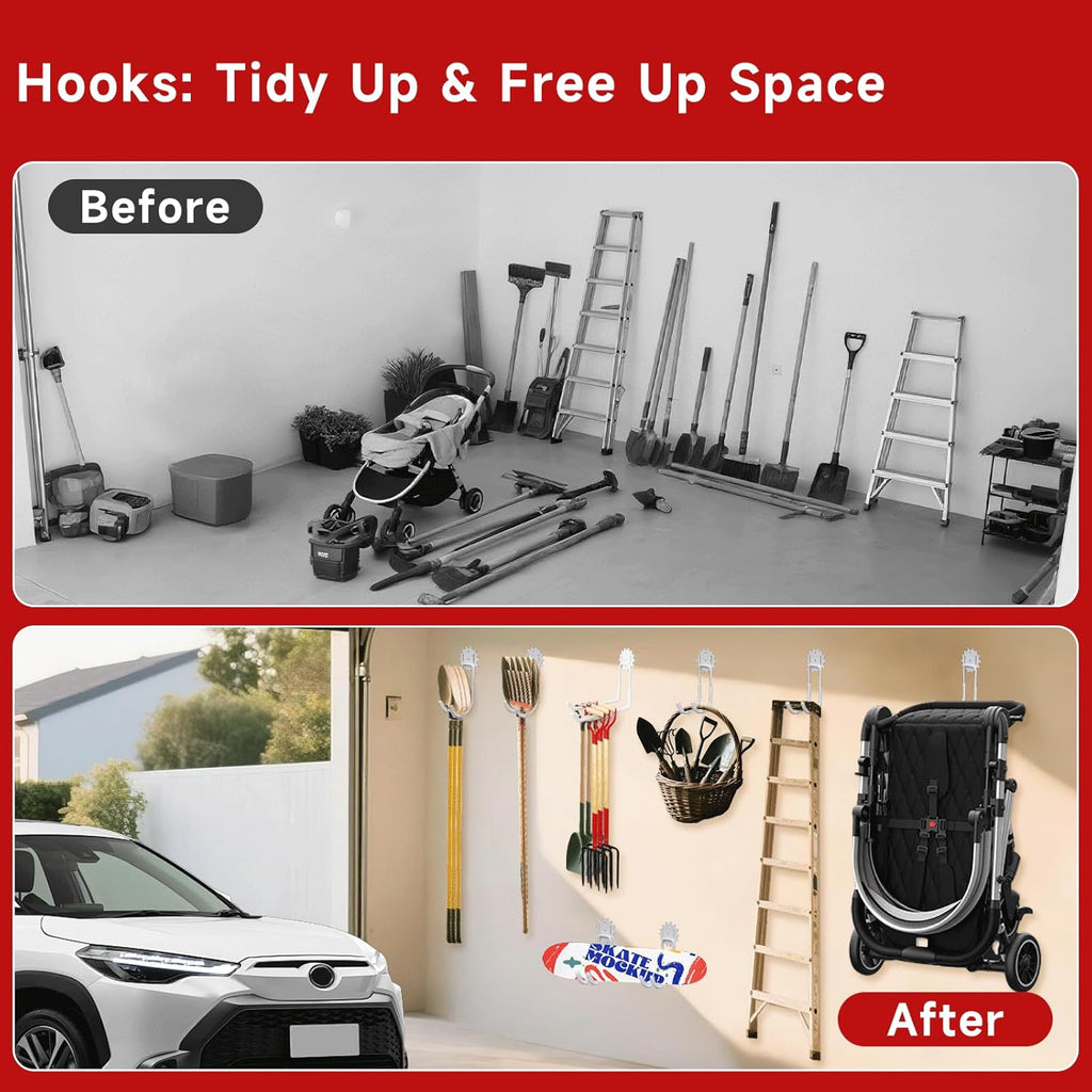 Garage Hooks White 4 Pack,68-110LB Heavy Duty Steel Storage Utility Hooks with PVC Anti-Slip Coating,Wall Mount Hooks for Hanging Garden and Power Tools,Bike,Ladder,Hose