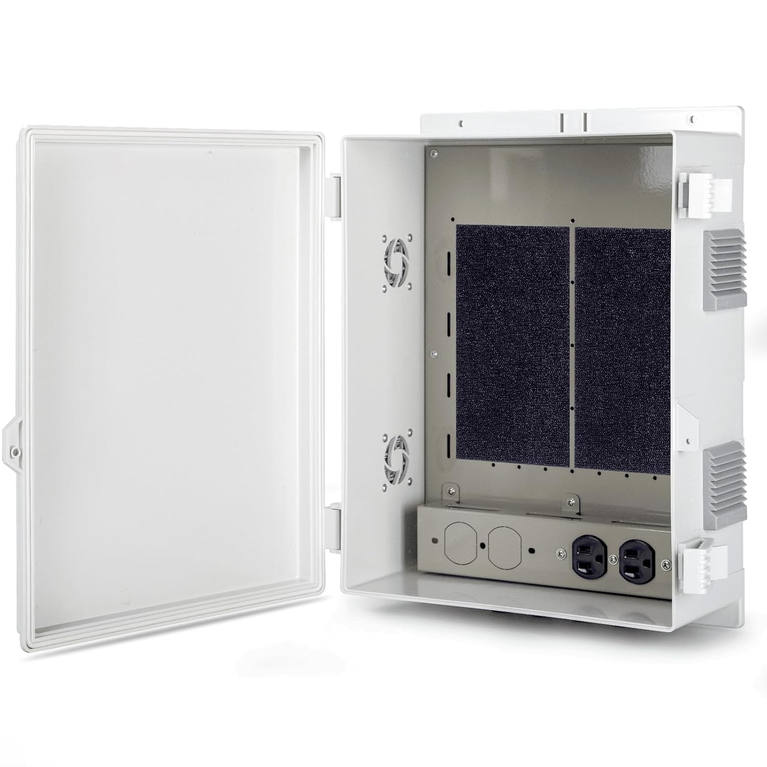 Outdoor Electrical Junction Box with High Power Outlet, 16" H* 12" L* 5.9" W, ABS Water Resistant Enclosure with Internal Mounting Panel & Hinged Cover.