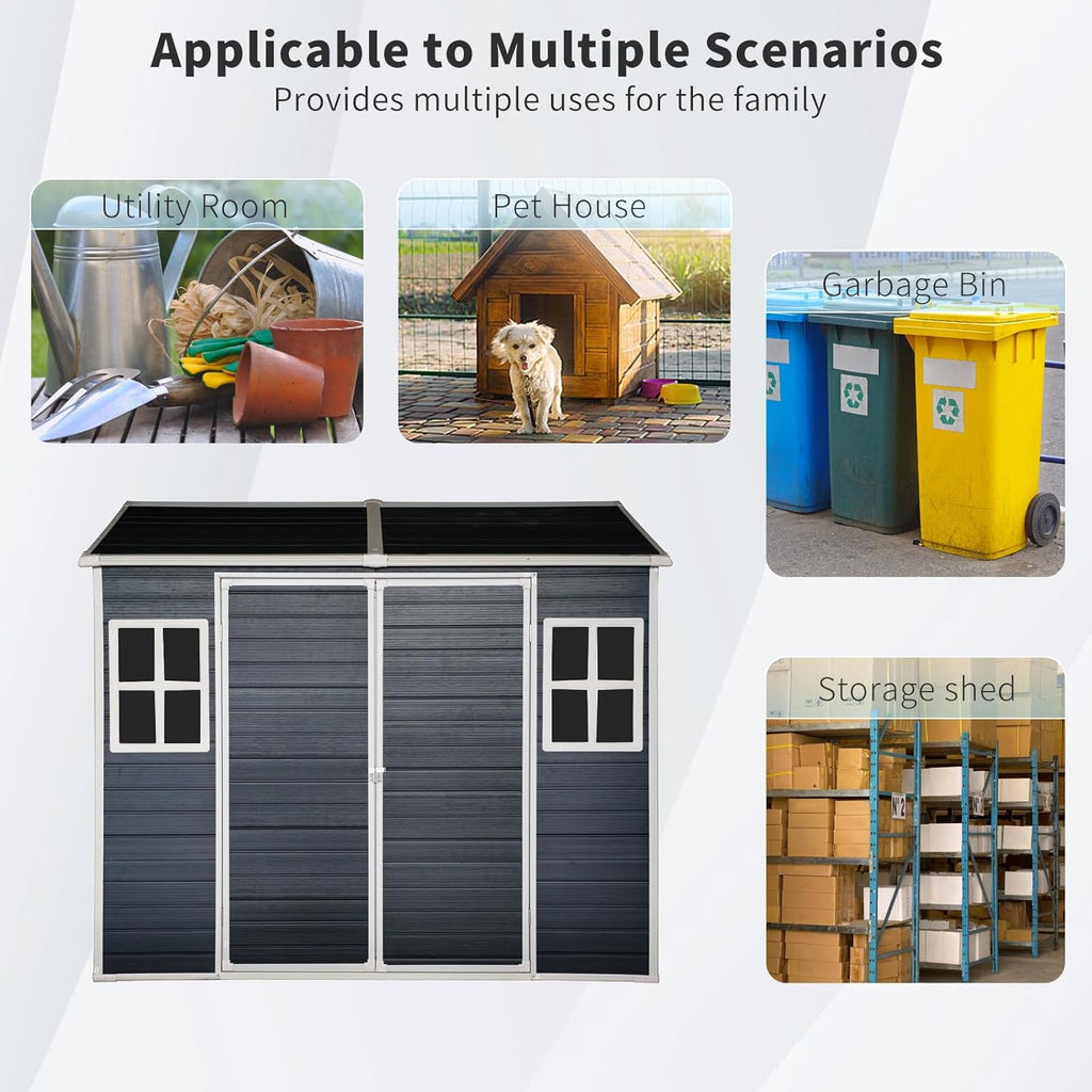 8x4 FT Outdoor Storage Shed, Resin Garden Shed with Thick Floor, Plastic Storage Shed with 2 Windows, Waterproof Outside Tool Shed with Lockable Hinged Doors for Backyard, Patio, Lawn, Black