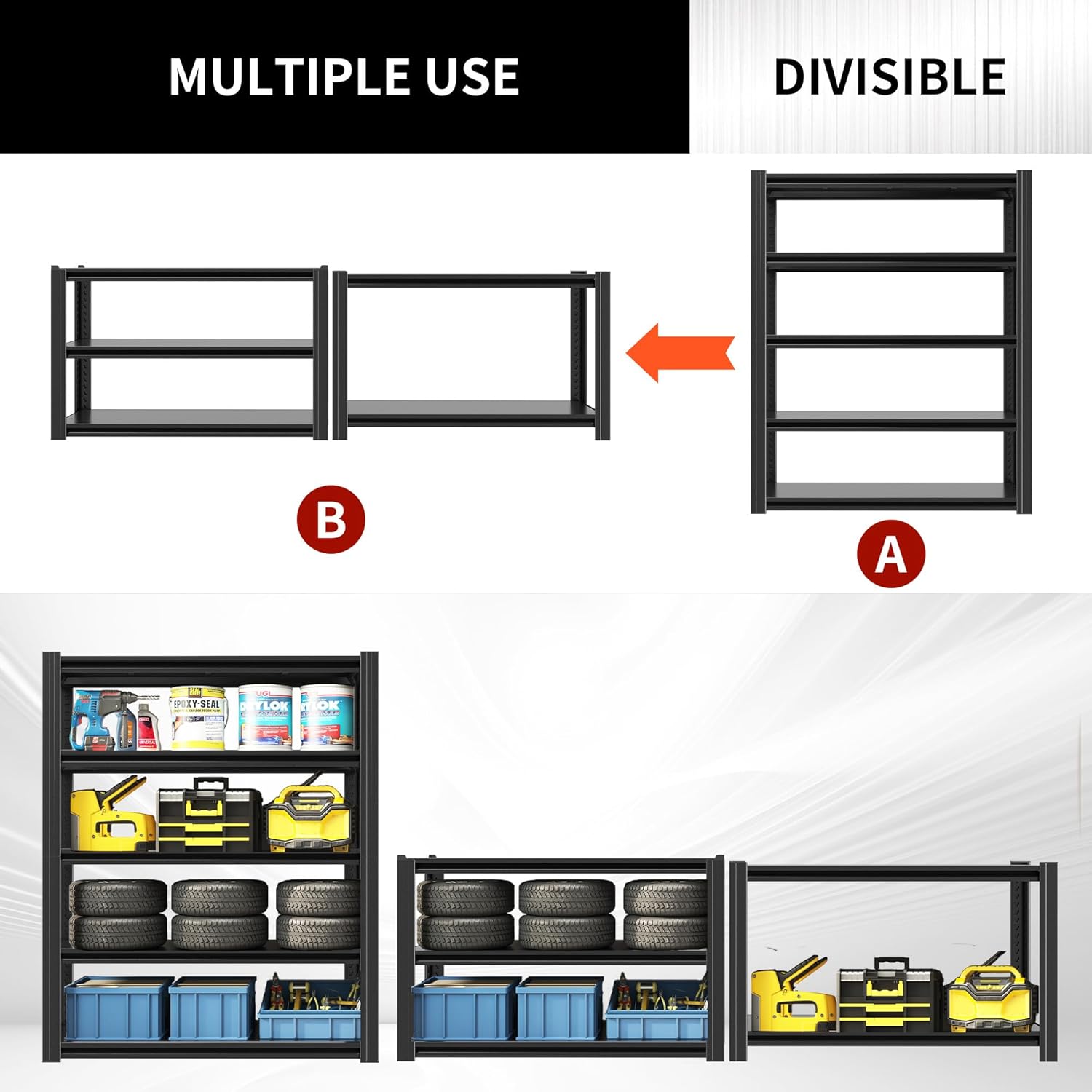 72" H Shelving Unit 5 Tiers Heavy Duty Garage Shelving 3000LBS Storage Racks Adjustable Metal Shelves Industrial Utility Rack for Garage, Workshop, Basement, Home Office 72" H*47.2W*23.6D