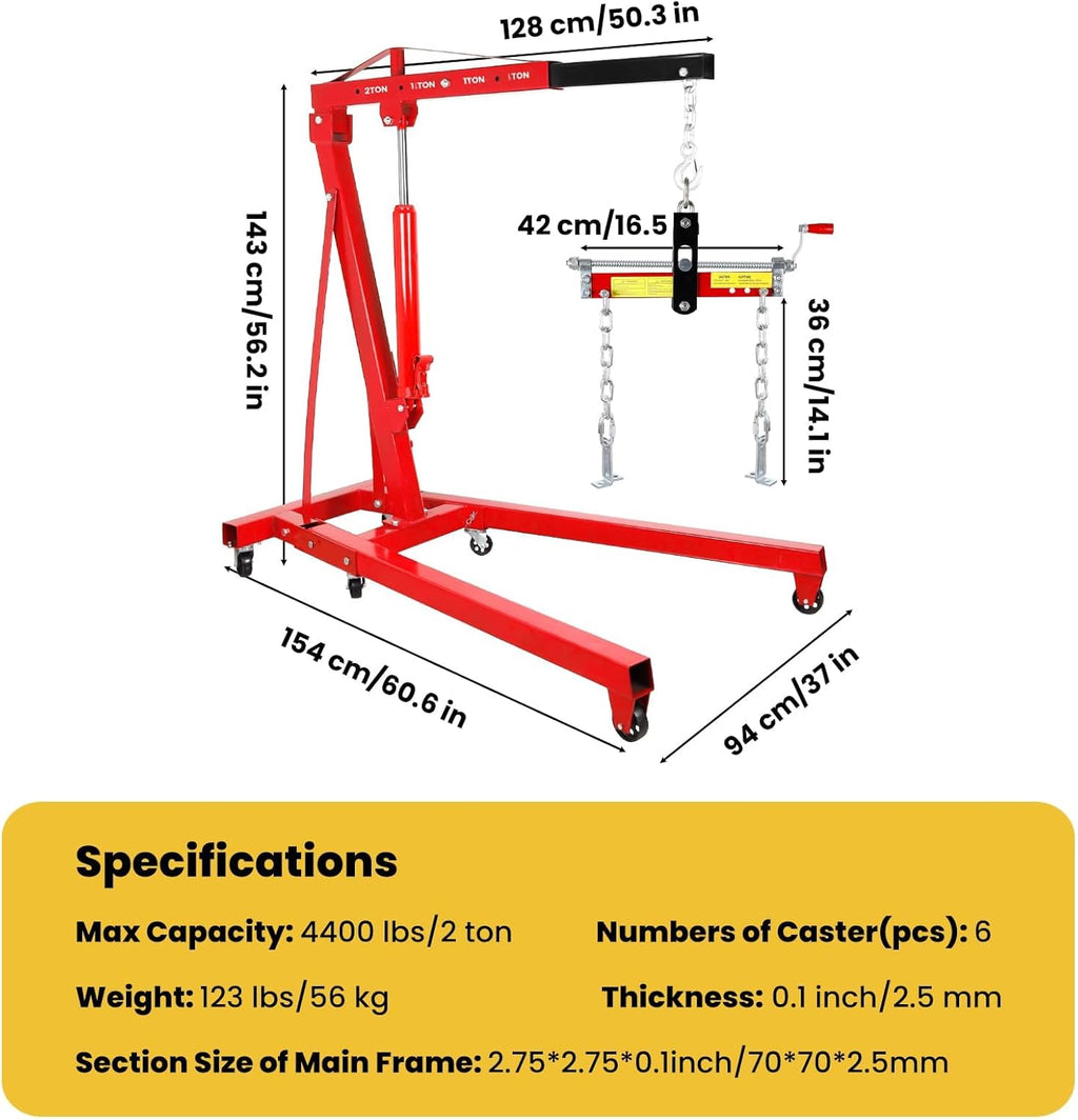 Engine Hoist Cherry Picker with Leveler, 2-Ton Folding Hydraulic Workshop Crane Lift with 6 Swivel Wheels and Telescopic Boom, 4400 Lbs Capacity Heavy-Duty Crane for Garage, Automotive Repair (Red)