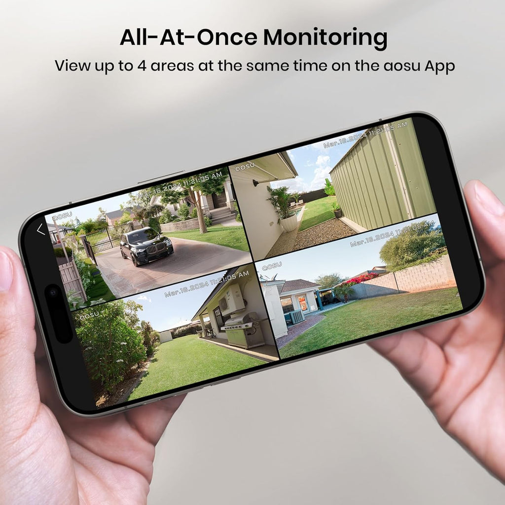 AOSU Security Cameras Outdoor Wireless, 4 Cam-Kit, No Subscription, Solar-Powered, Home Security Cameras System with 360° Pan & Tilt, Auto Tracking, 2K Color Night Vision, Easy Setup, 5G & 2.4G WiFi
