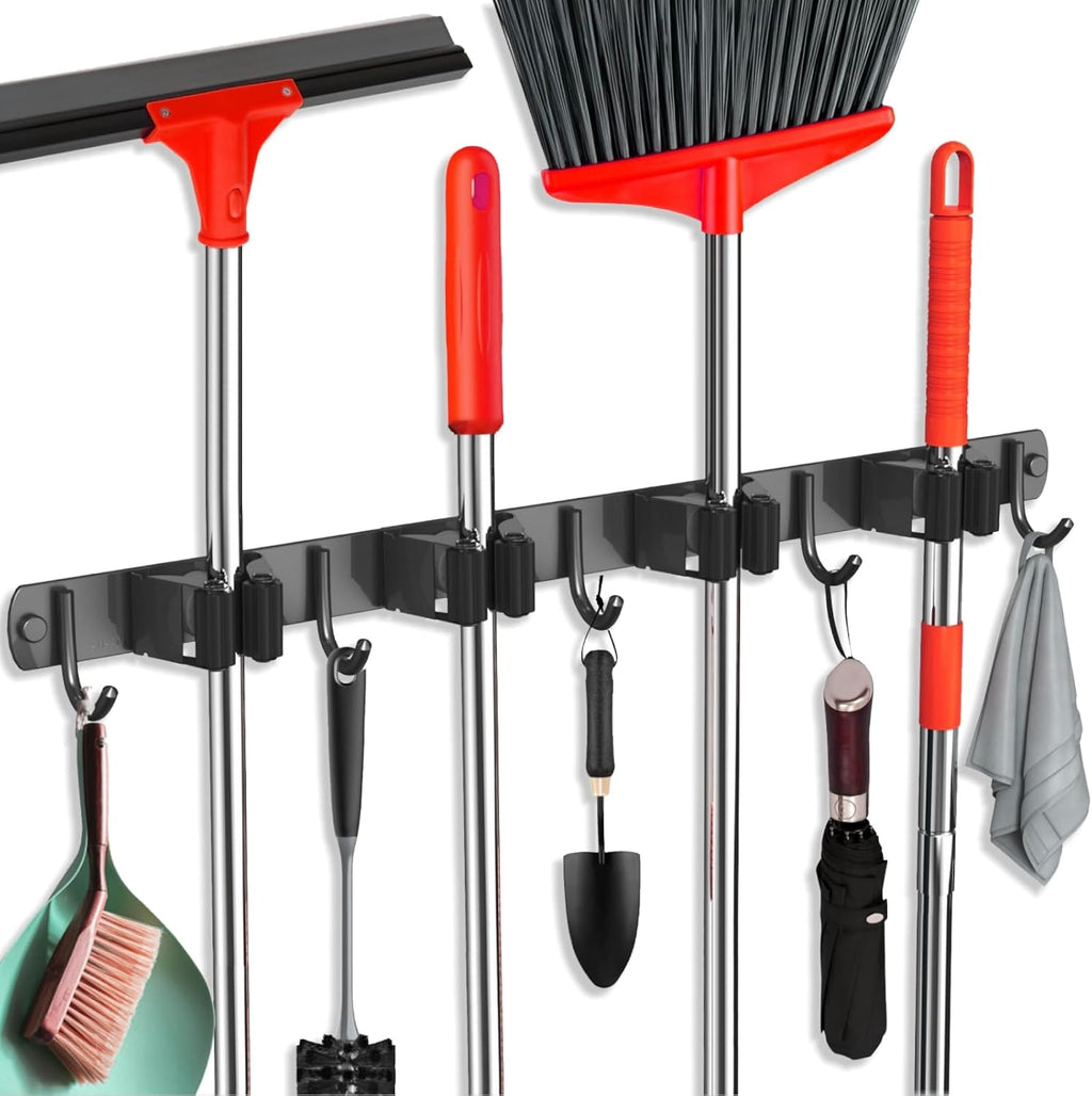 2 Pack Mop and Broom Holder Wall Mount, Upgraded Broom Hanger Wall Mount, Stainless Steel Broom Organizer for Closet Garage Laundry Room Kitchen Wall Decor Black 4R5H