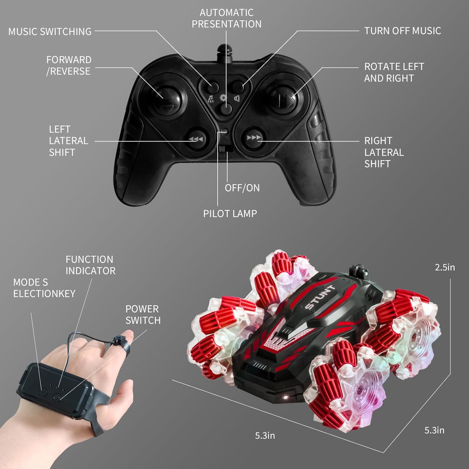 Gesture Sensing RC Stunt Car, 2.4 Ghz 4WD Remote Control Cars, Cool Lighting and Music, Double-Sided Rotating Off-Road Vehicle 360° Flipping Car, Present for Boys and Girls Aged 6-12