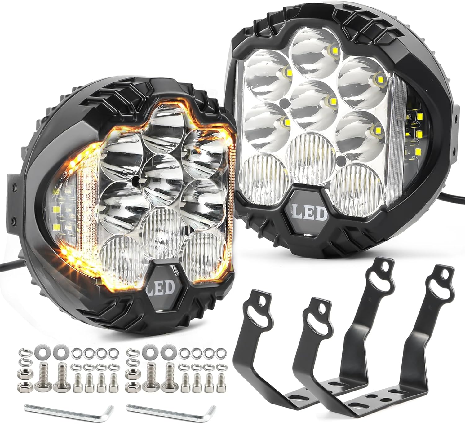 LIGBT 2PCS 7 Inch Round LED Offroad Light with DRL 90W LED Off Road Lights Super Bright Driving Spot Light Bar with Amber DRL Side Shooter Lights Waterproof 12V 24V for Pickup Trucks SUV UTV