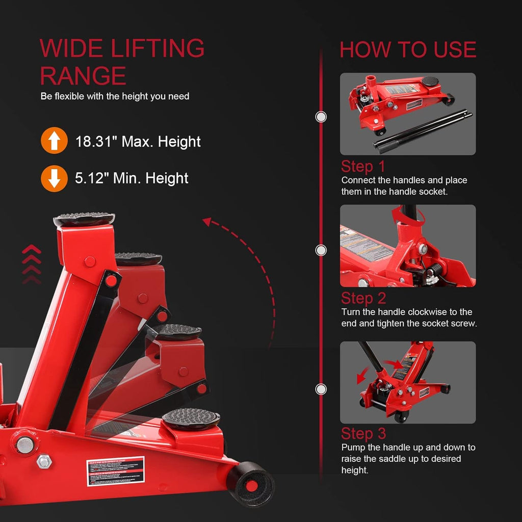 Heavy Duty Hydraulic Car Floor Jack with Quick Lift Pump for All Terrain Vehicles, 3 Ton Capacity, Red