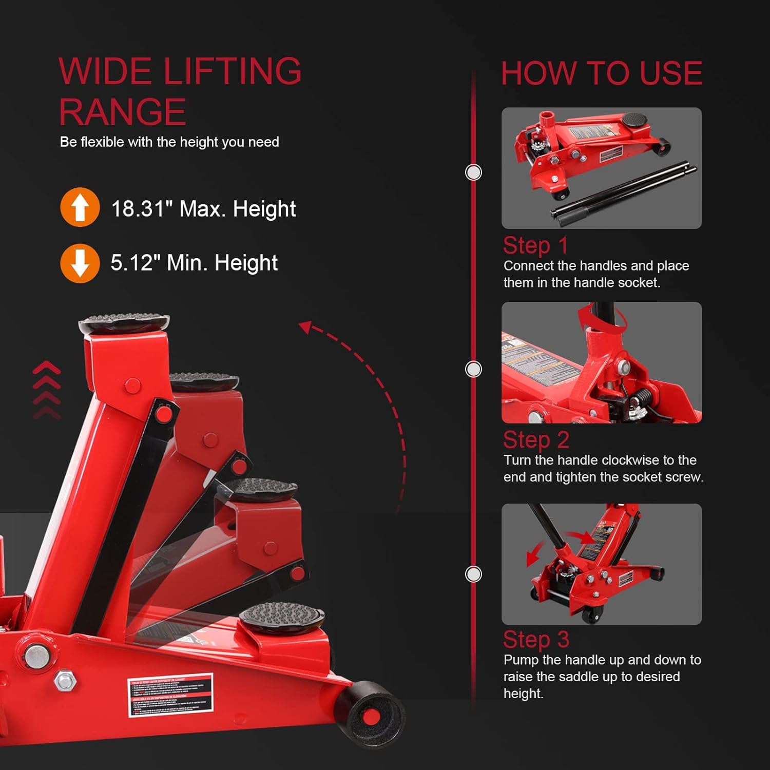 Heavy Duty Hydraulic Car Floor Jack with Quick Lift Pump for All Terrain Vehicles, 3 Ton Capacity, Red